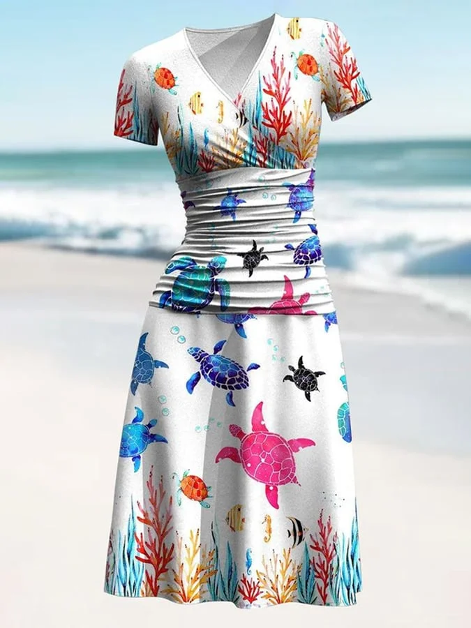 Women's Ocean Sea Turtle Print V-Neck Short Sleeve Dress