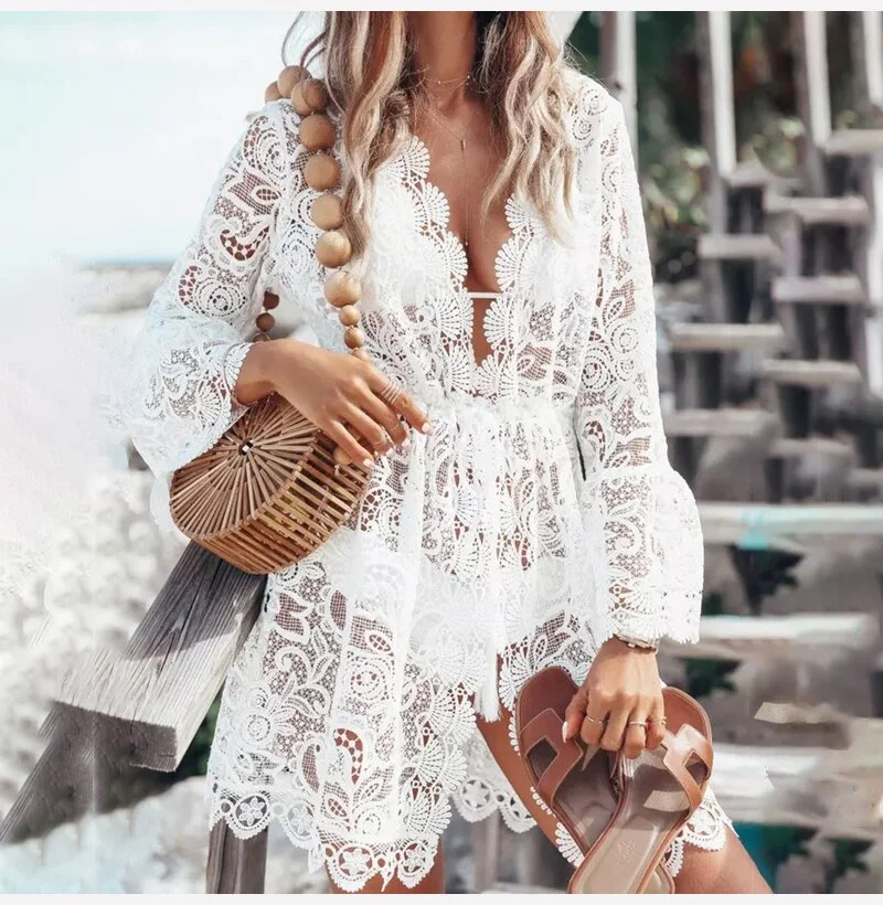 Women Dress Whtie Lace Sexy See Through Casual Mini Short Sundress Summer Beach 2020 Ladies Clothes Womens Clothing Lace Dresses