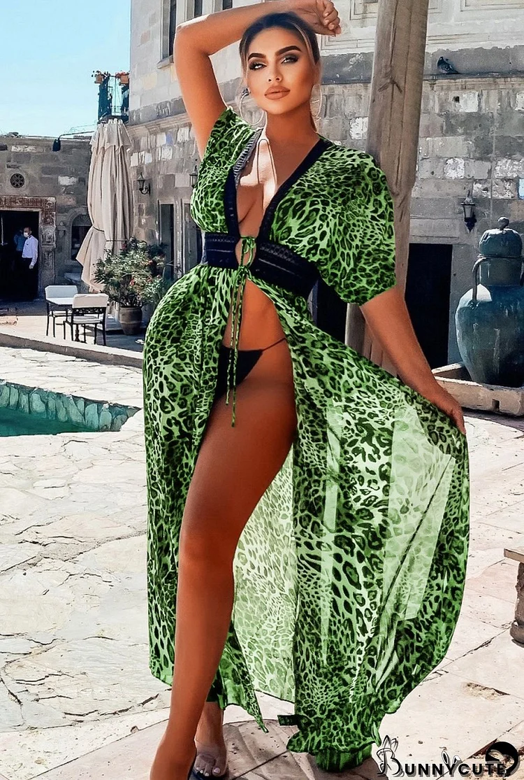 Summer Beach Print Leopard Long Cover-Ups