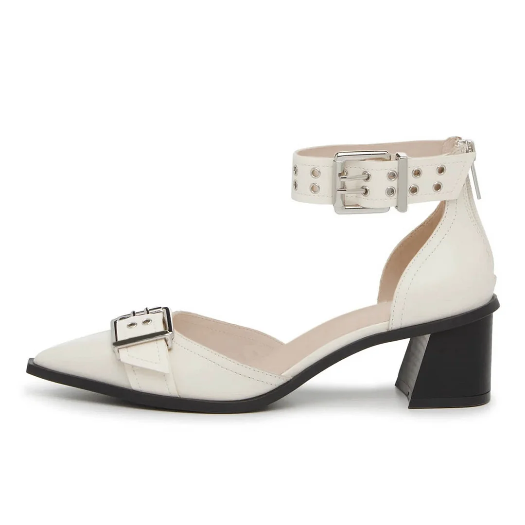 White Buckle Pointed Toe Grommet Strap Stylish Pumps Heels