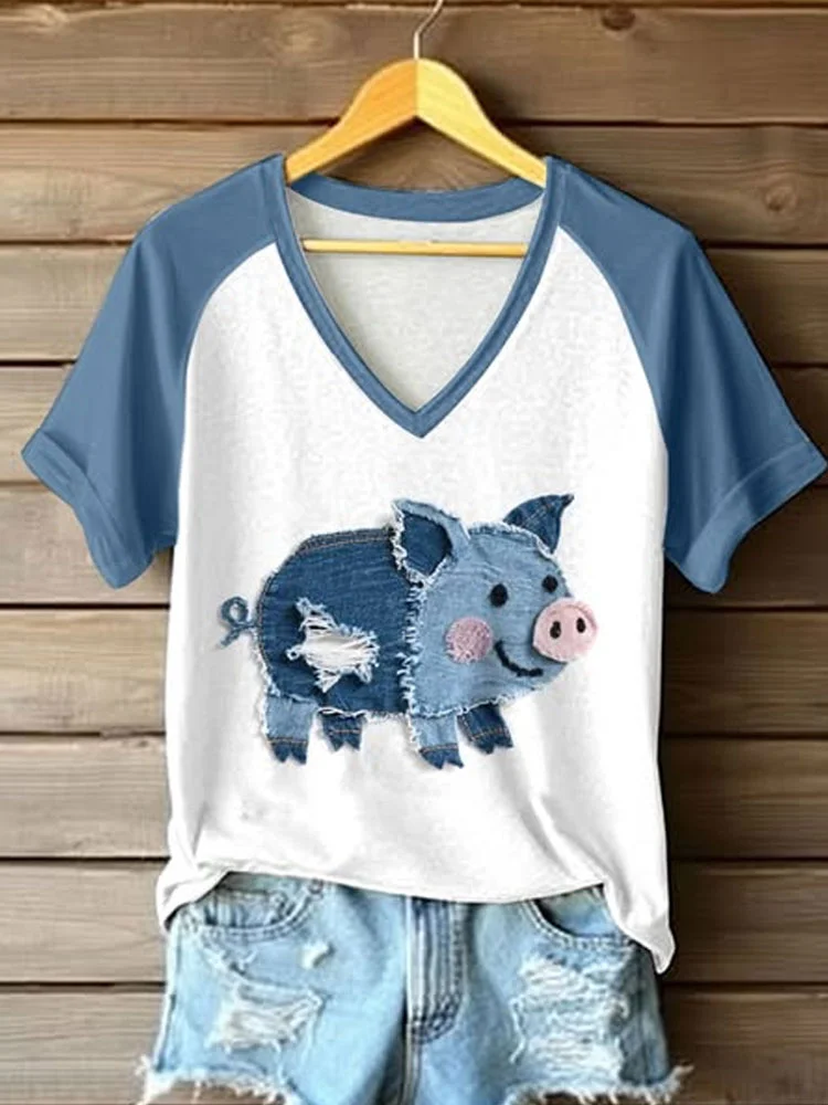 Utbros Women's Retro Funny Denim Patch Animal Pig Print Casual Shirt