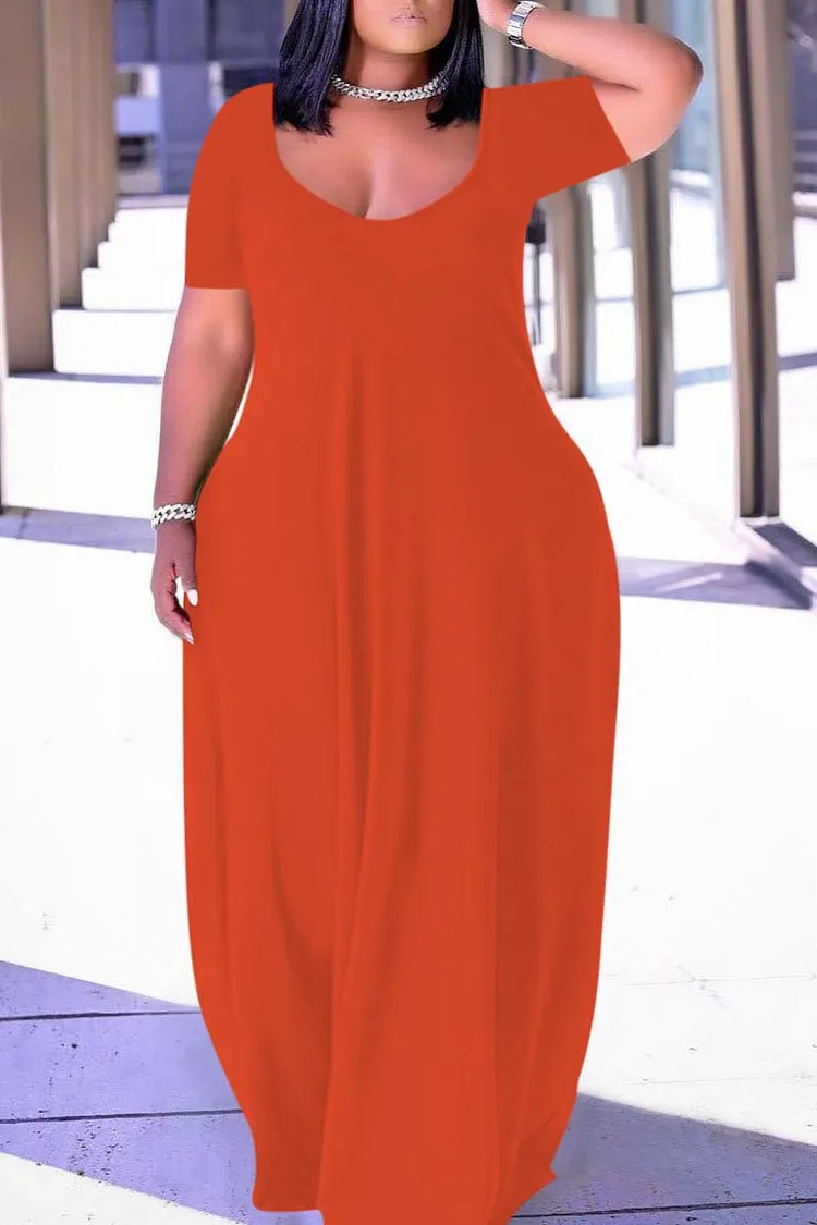 Plus Size Casual Burgundy Short Sleeves Solid Cocoon Summer Sun Maxi Dress