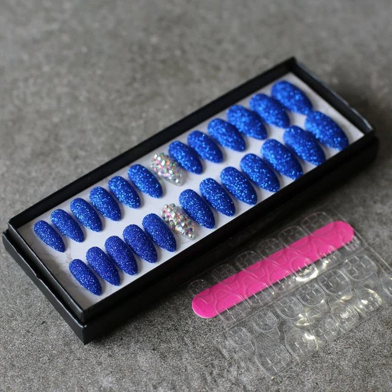 Art design Glitter powder fake nails red pink 26pcs Stiletto Full crystal diamond false nails wedding nails-Nail Inspo