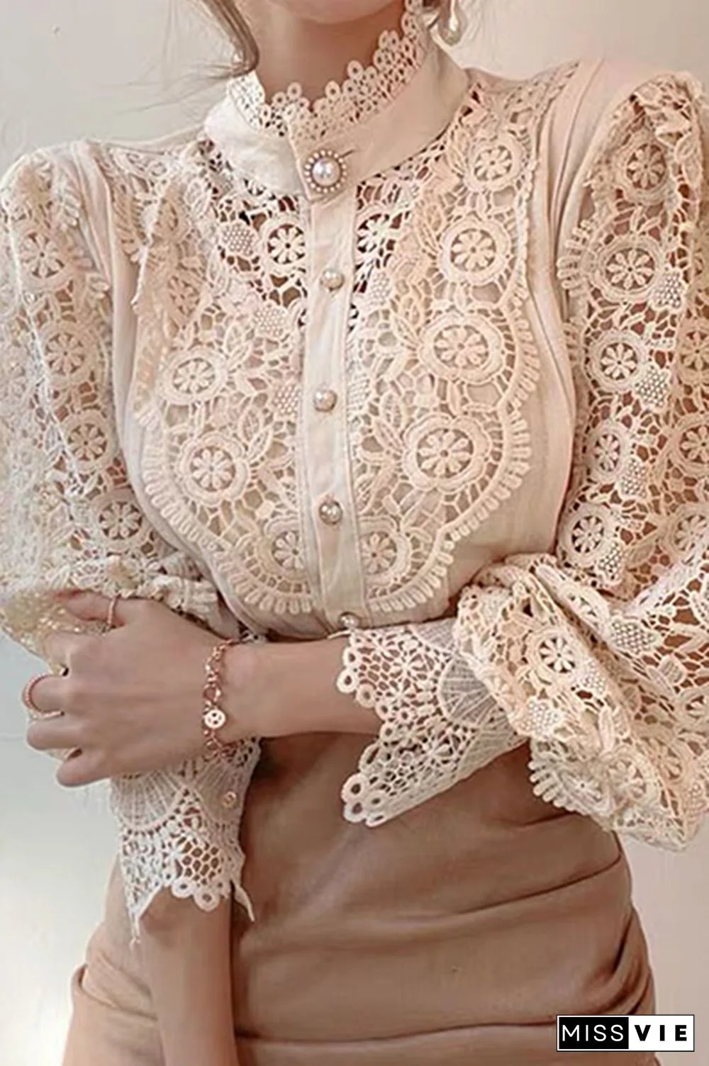Elegant Patchwork Lace Hollowed Out Buckle Mandarin Collar Blouses(3 Colors)