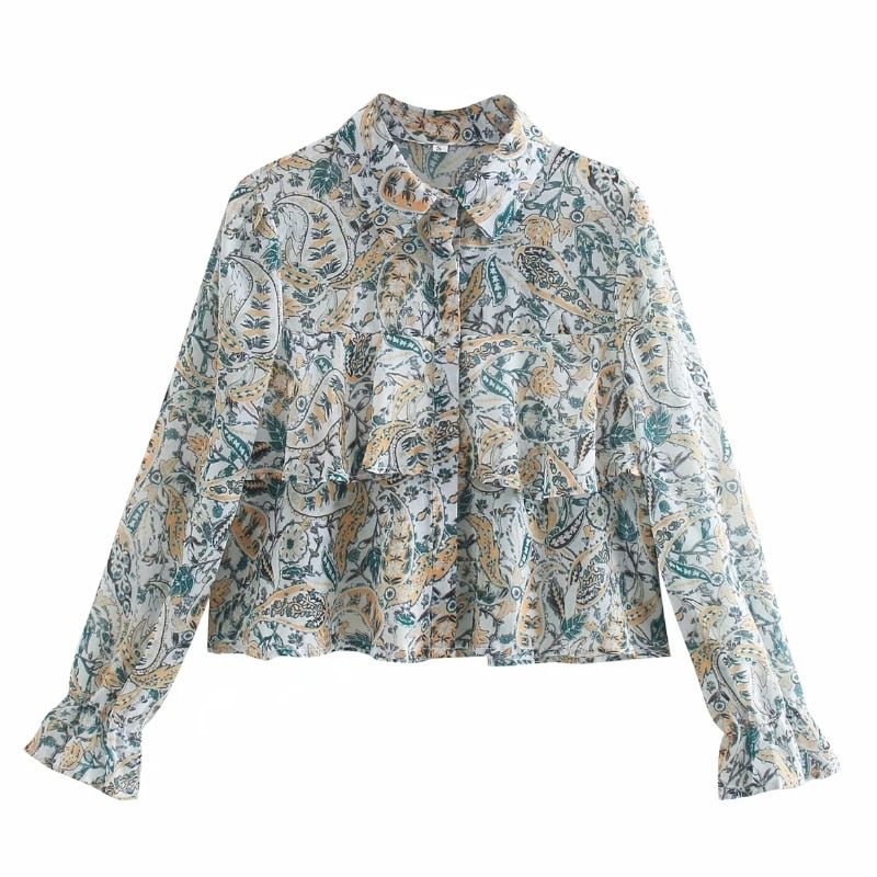 Women Paisley Printing Chiffon Cascading Ruffle Shirt Casual Femme Long Sleeve Blouse Lady Loose Tops Blusas S8113