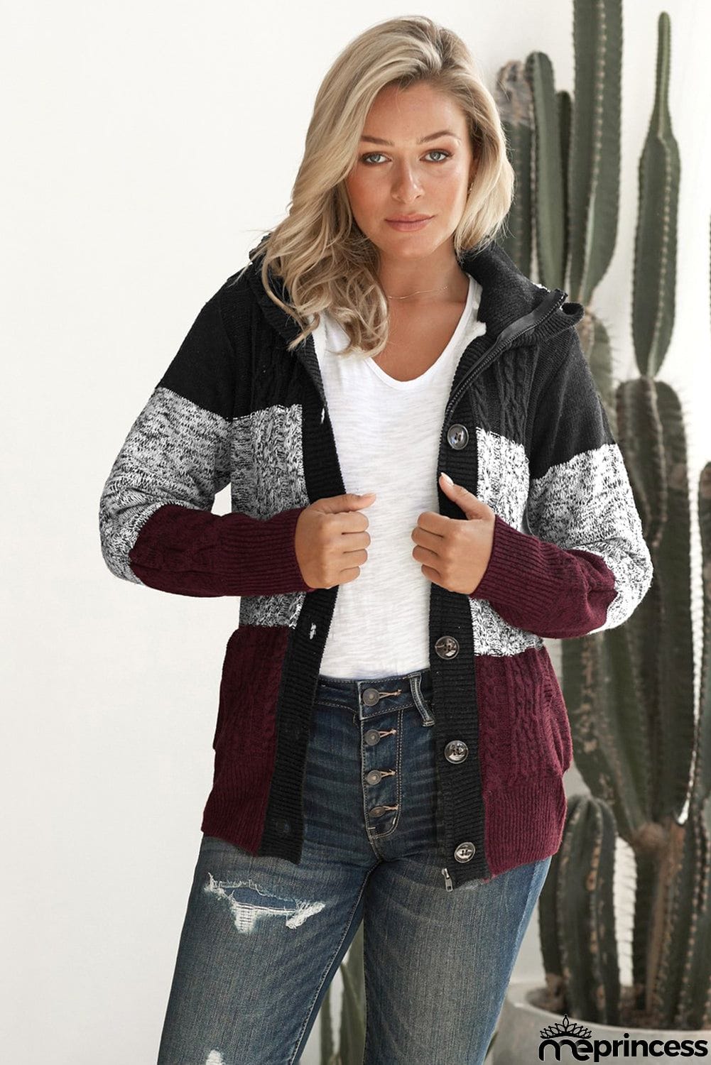 Winter Wine Hooded Button Cable Knit Cardigan