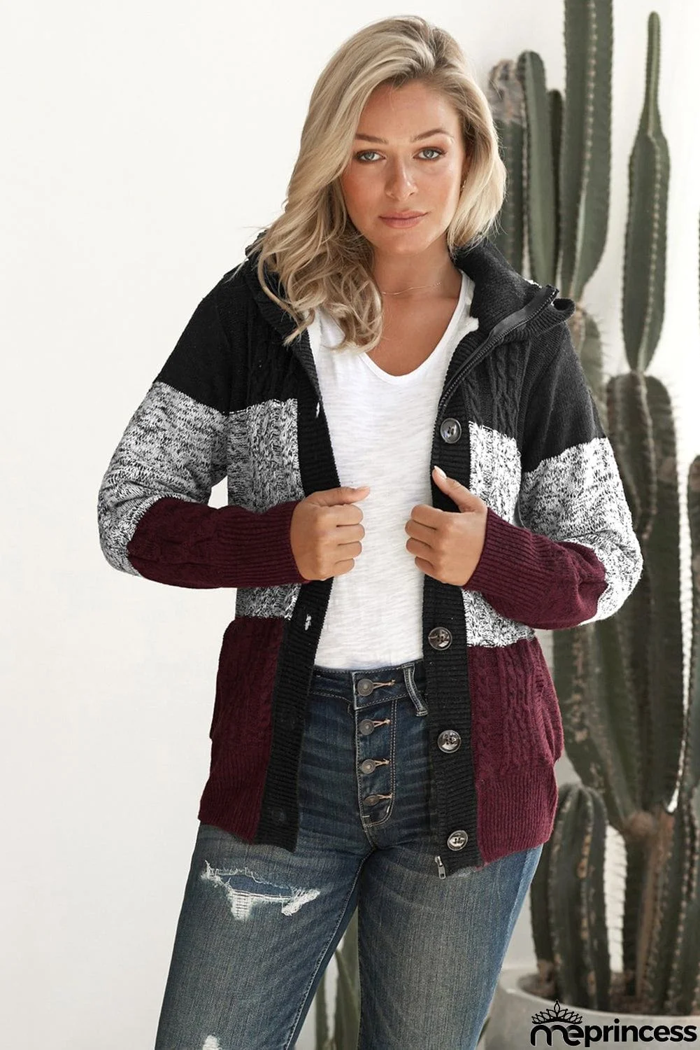 Winter Wine Hooded Button Cable Knit Cardigan