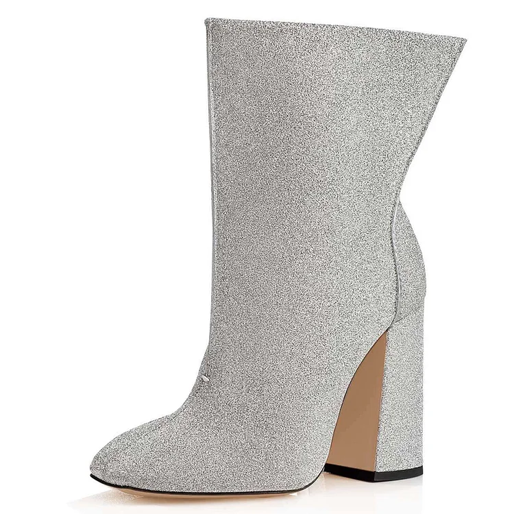 Silver Glitter Boots Chunky Heel Fashion Ankle Boots |FSJ Shoes