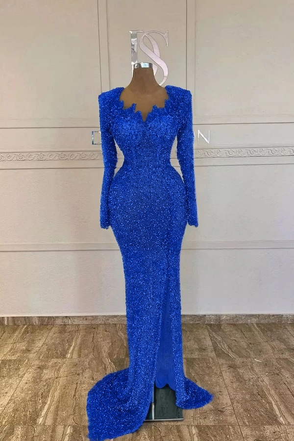Daisda Green Sequins Long Sleeve Mermaid Split Prom Gown Dress 