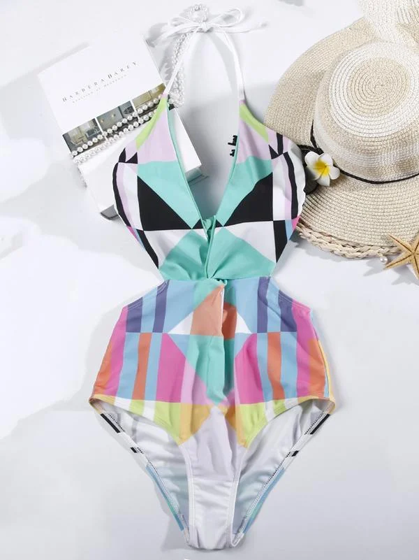 Geometric Pattern Print Plunge One Piece Swimsuit