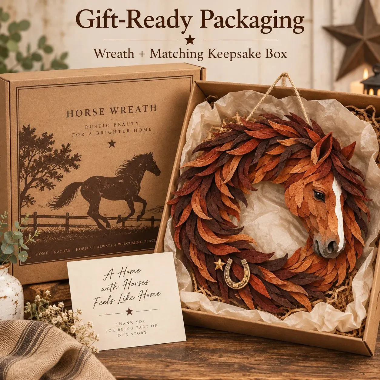 Horse wreath shown with a matching keepsake box and sentiment card, ready to give as a gift