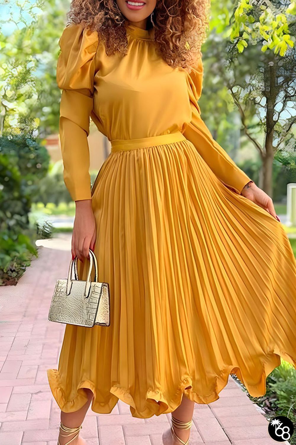 Yellow Elegant Solid Patchwork Fold Half A Turtleneck Long Sleeve Two Pieces | 168DEAL