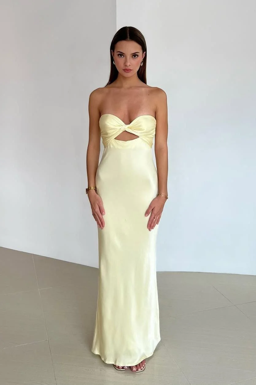 Miabel Charming Daffodil Satin Sweetheart Strapless Sleeveless Long Prom Dress with Pleated  
