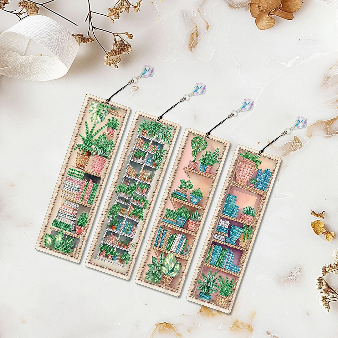 4Pcs Plant DIY Diamond Painting Bookmark Special Shaped Diamond Art Bookmark with Pendant Home Office Supplies Gift for Book Lovers