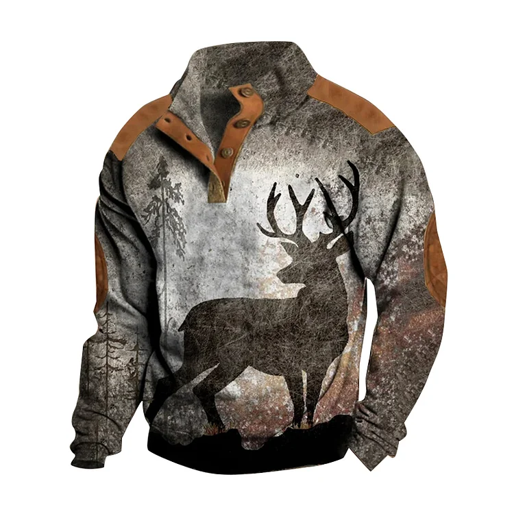 Personalized Jungle Elk Print Men's Stand Collar Long Sleeve Top