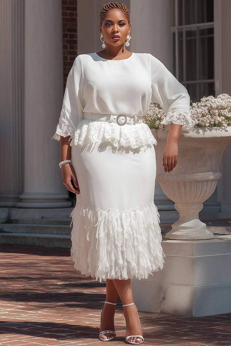 Xpluswear Design Plus Size Cocktail Party White Round Neck 3/4 Sleeve Contrast Ruffle Lace Two Piece Skirt Sets 2024 - Xpluswear
