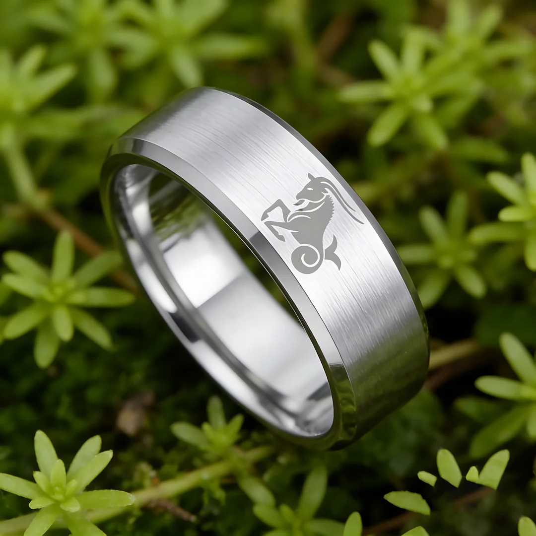 Mens Womens Sliver Capricorn Tungsten Carbide Rings Sliver Edges and Laser Etched Wedding Bands Comfort Fit 4MM 6MM 8MM Width