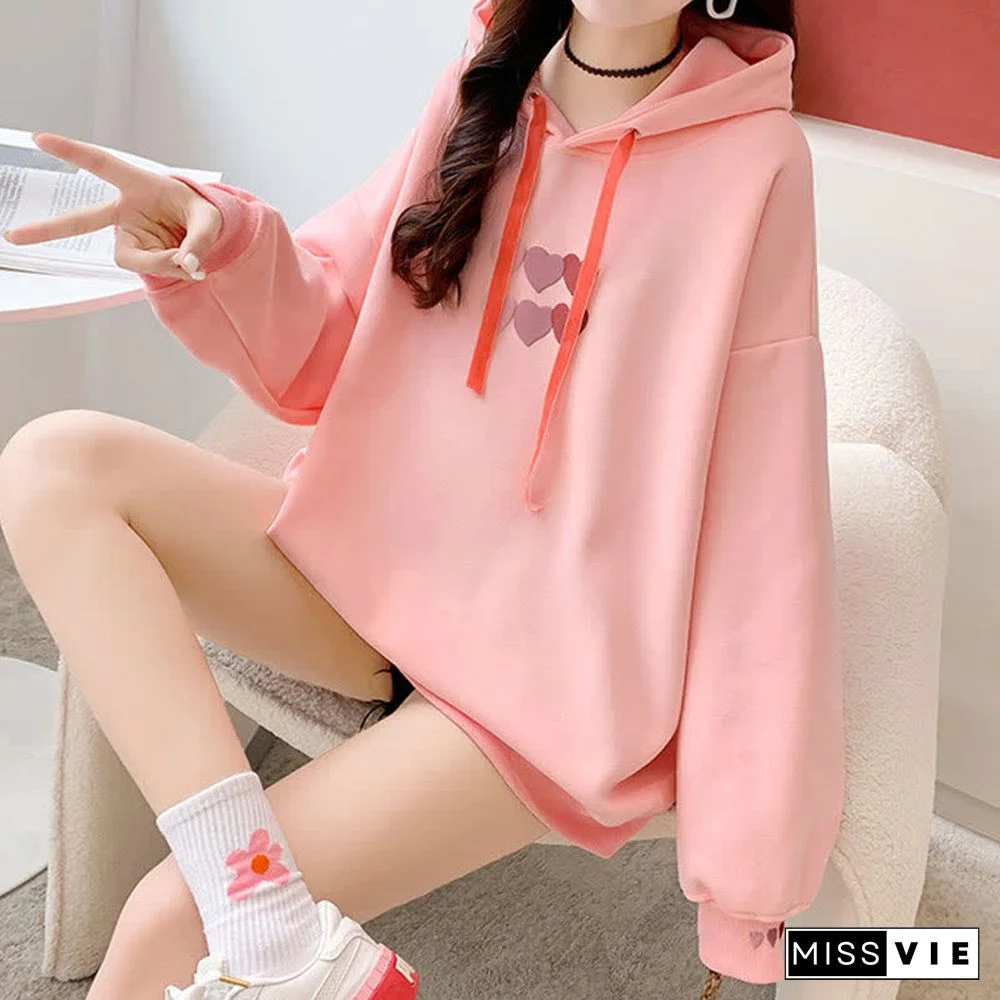 Love Heart Print Draw String Loose Hoodie