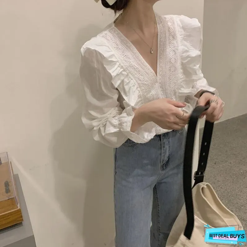 Christmas Gift Women Blouses Shirts Spring Female Tops V-neck Ruffles Solid Elegant French Fashion Cozy High Quality Chic Ins Daily Date Office