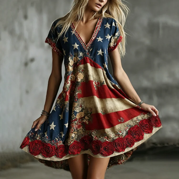 Women's Retro  V Neck Midi Dress