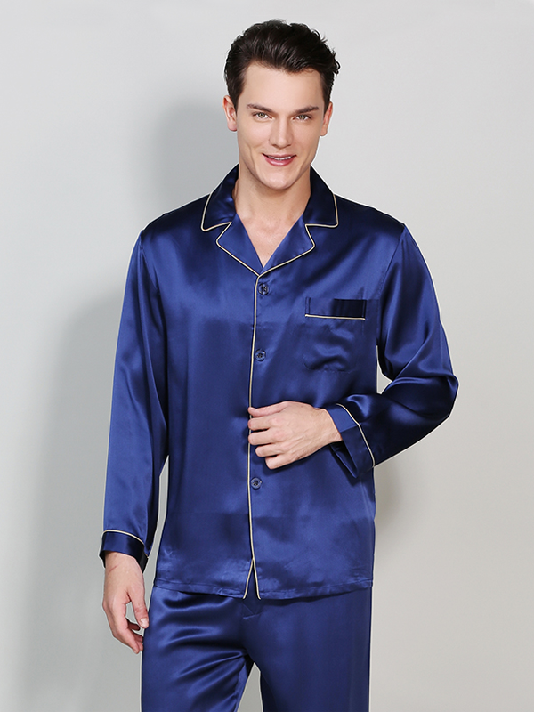 19 Momme Classic Silk Pajamas For Men Blue Silk Pajamas