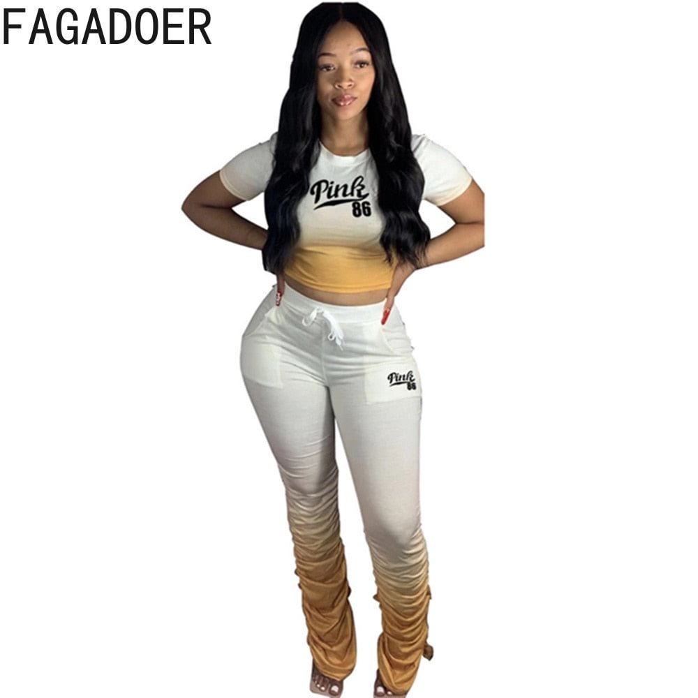 FAGADOER Fashion Gradient Plus Size Two Piece Sets 3XL 4XL Women PINK Letter Print Short Sleeve Tshirt + Stacked Pants Casual