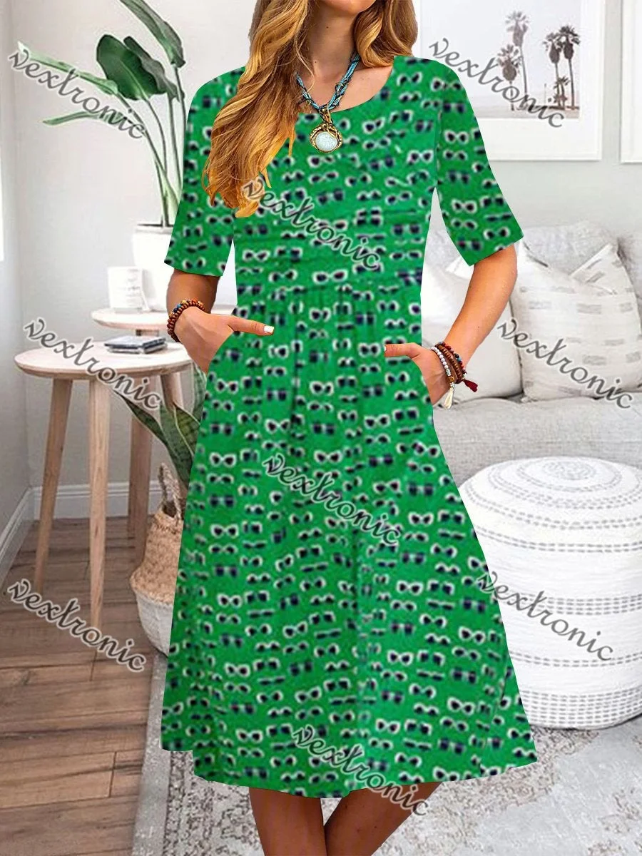 Women Green Short Sleeve Scoop Neck Printed Midi Dress