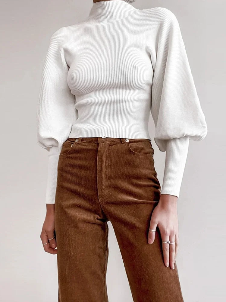 Simplee Autumn winter knitted sweater High collar Lantern Sleeve loose women's sweater High street fashion pullover 2020 jumper