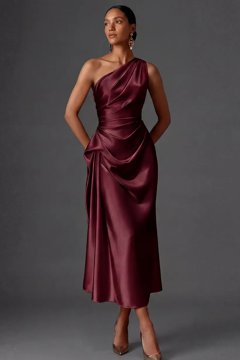 One-shoulder burgundy satin dress for an elegant evening party