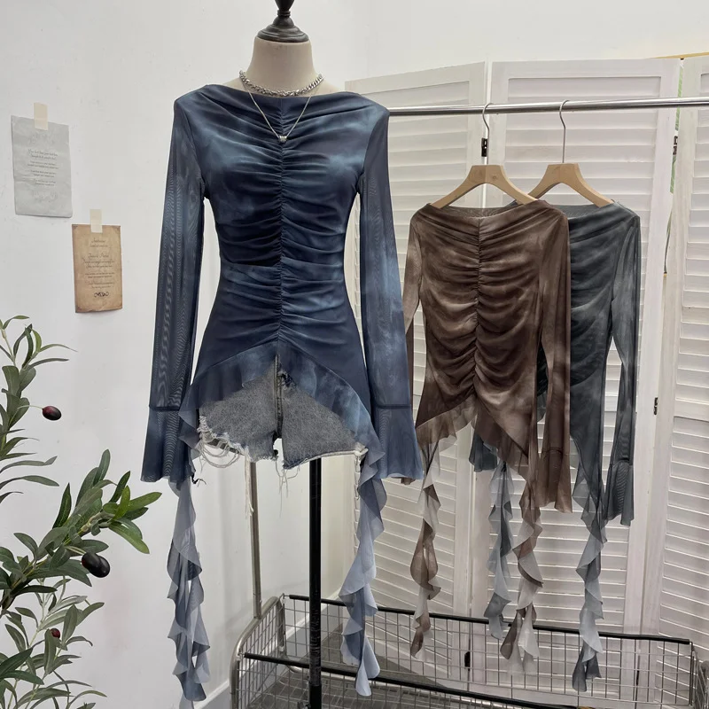 Nigikala Nigikala Shooting Hot Girl Horn Sleeve Net Yarn Bottom Shirt Girl Body Waste Wind Irregular Ribbon Long-Sleeved Top 2708