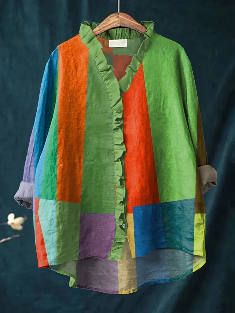 Women's Colorful Geometric Stripes Art Print Casual Cotton And Linen Ruffle Shirt