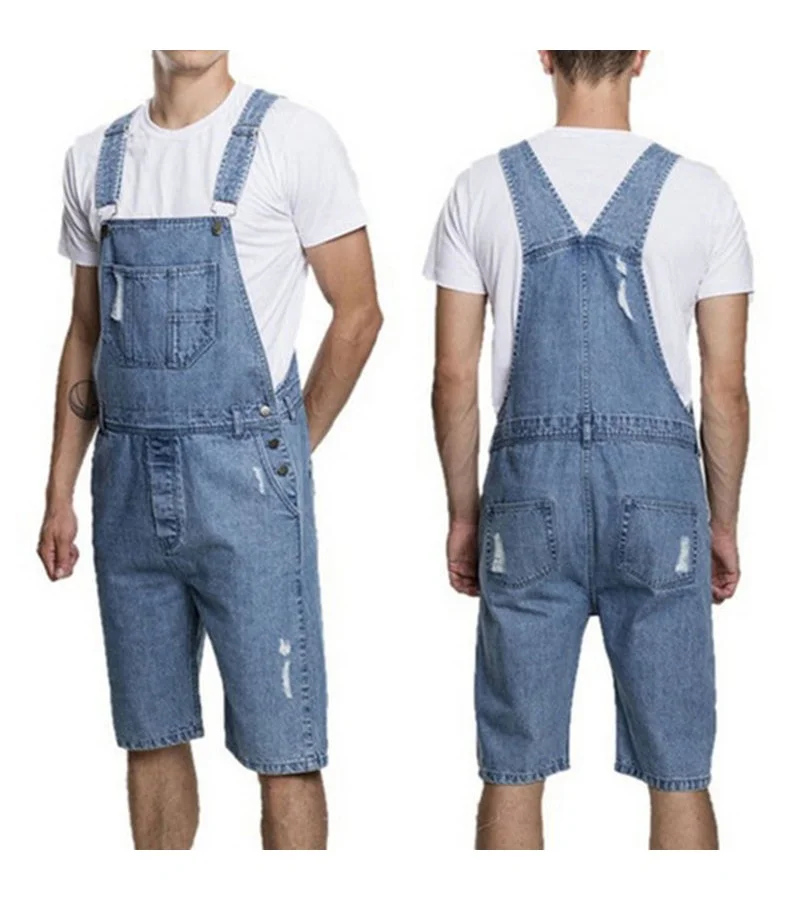 Men Fashion Ripped Metal Buckle Pocket Patchwork Denim Rompers S-3XL