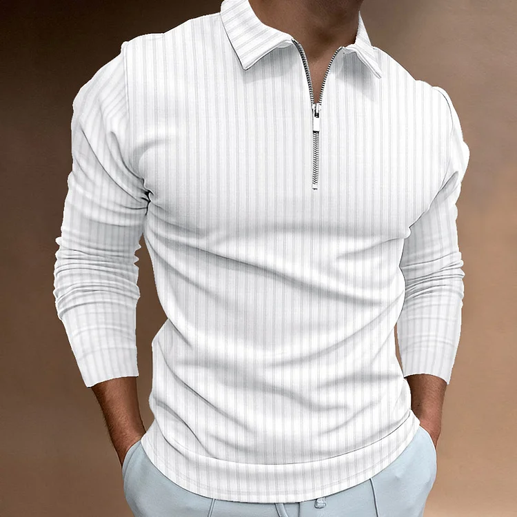 Men's Casual Striped Half Zip Collar Long Sleeve Polo Shirt