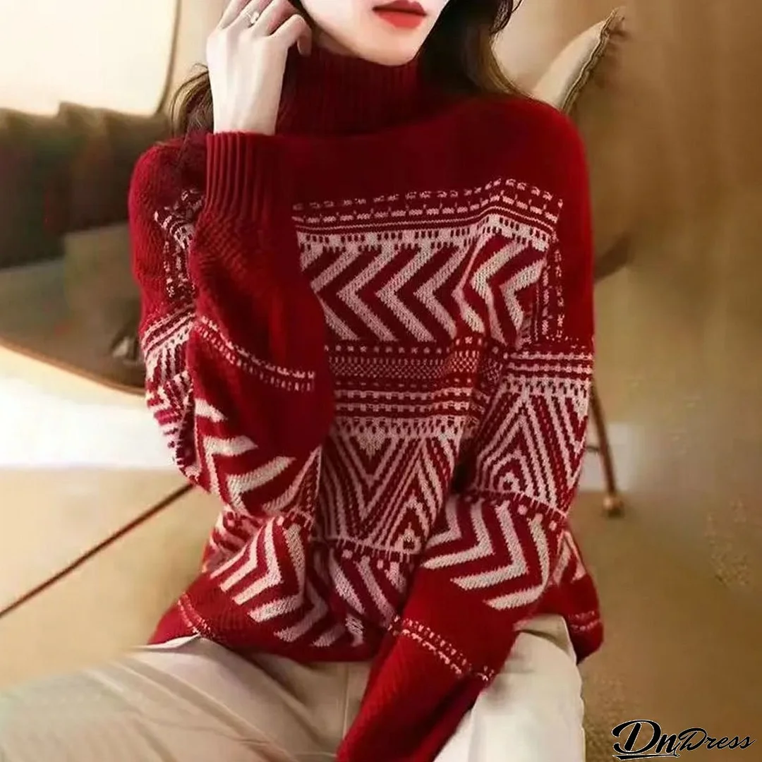 Elegant Red High Neck Long Sleeve Sweater