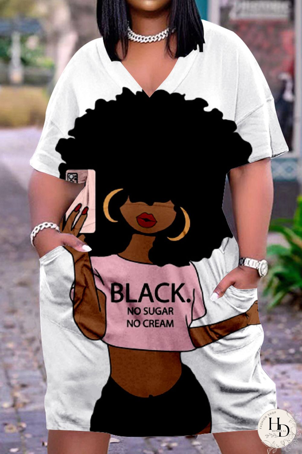 Black Gray Fashion Casual Print Basic V Neck Short Sleeve Dress