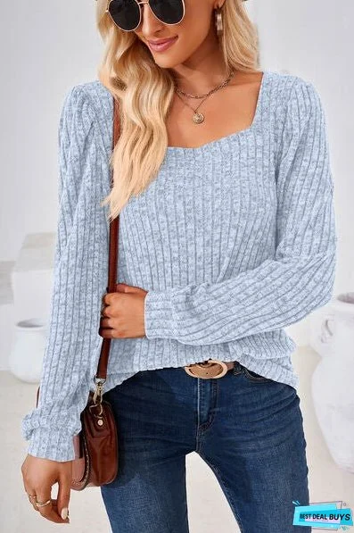 Ribbed Square Neck Long Sleeve T-Shirt