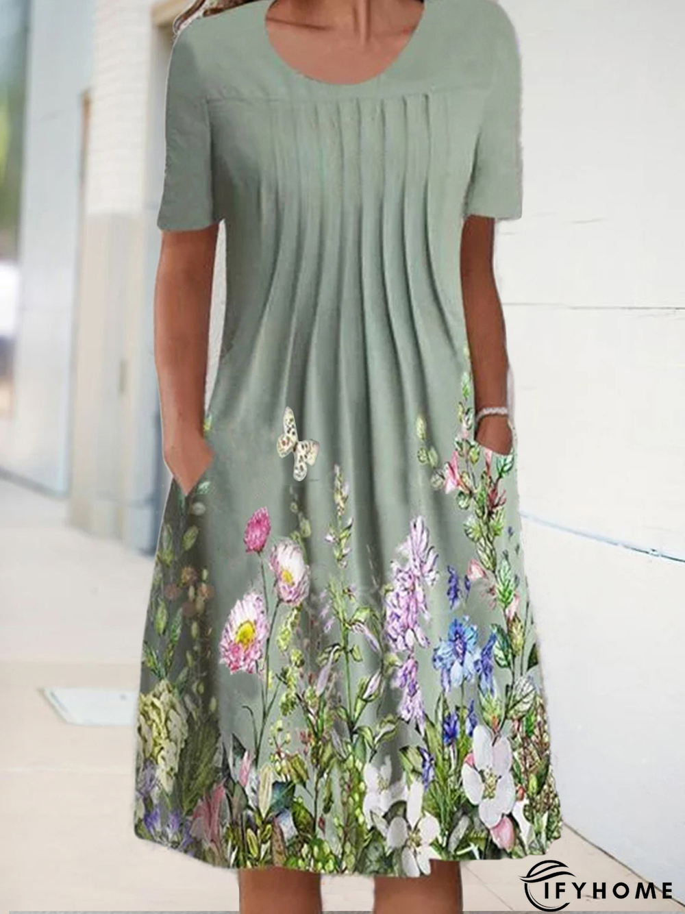 Floral A-Line Short Sleeve Crew Neck Dress | IFYHOME