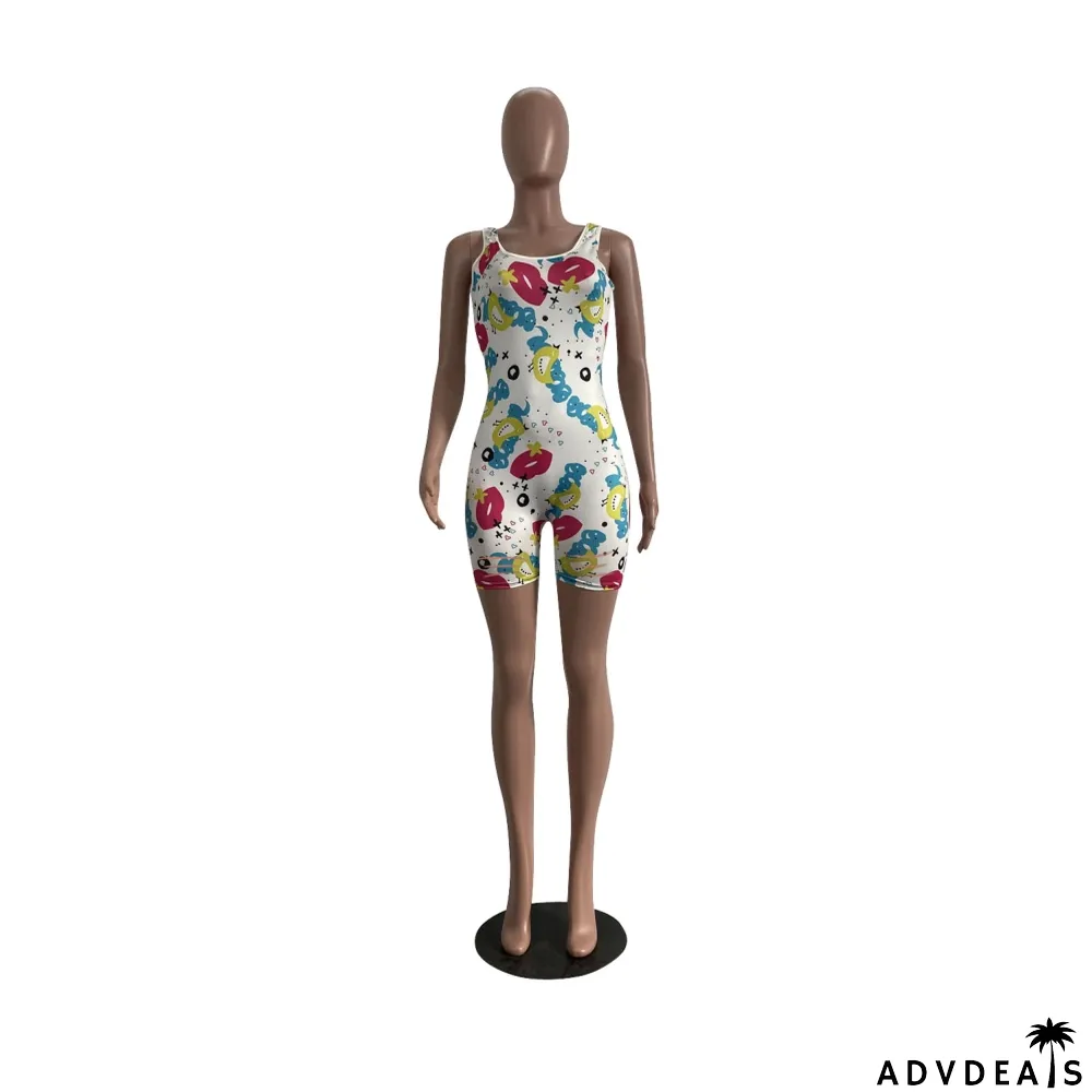 Cute Print Sleeveless Bodycon Rompers