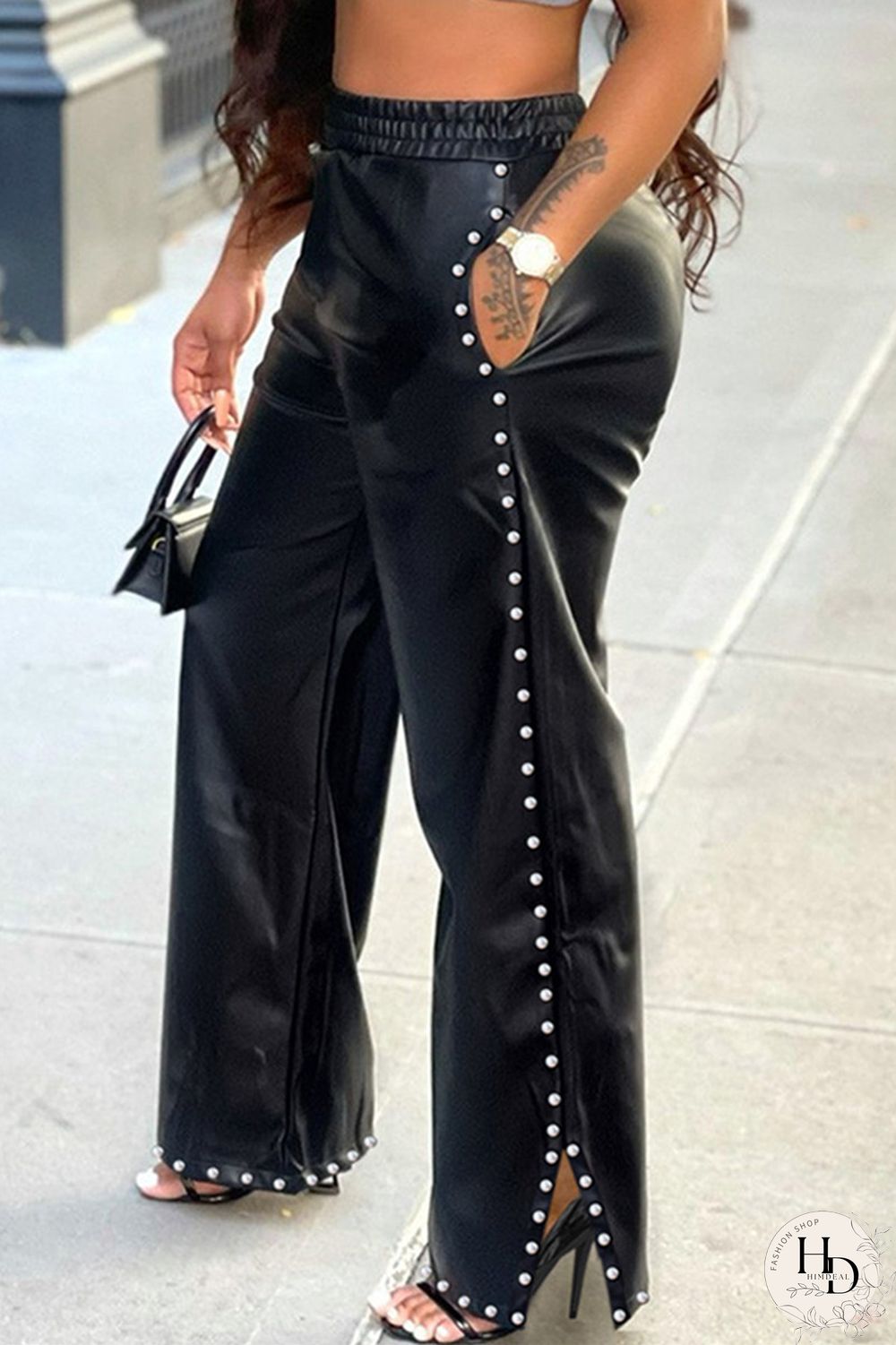 Black Fashion Casual Solid Patchwork Slit Regular High Waist Trousers