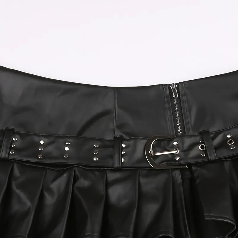 PU leather rivet belt cross pendant pleated mini skirt