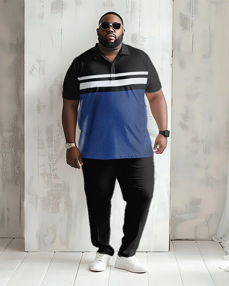 Men's Plus Size Business Simple Colorblock Striped Polo Shirt Trousers Suit