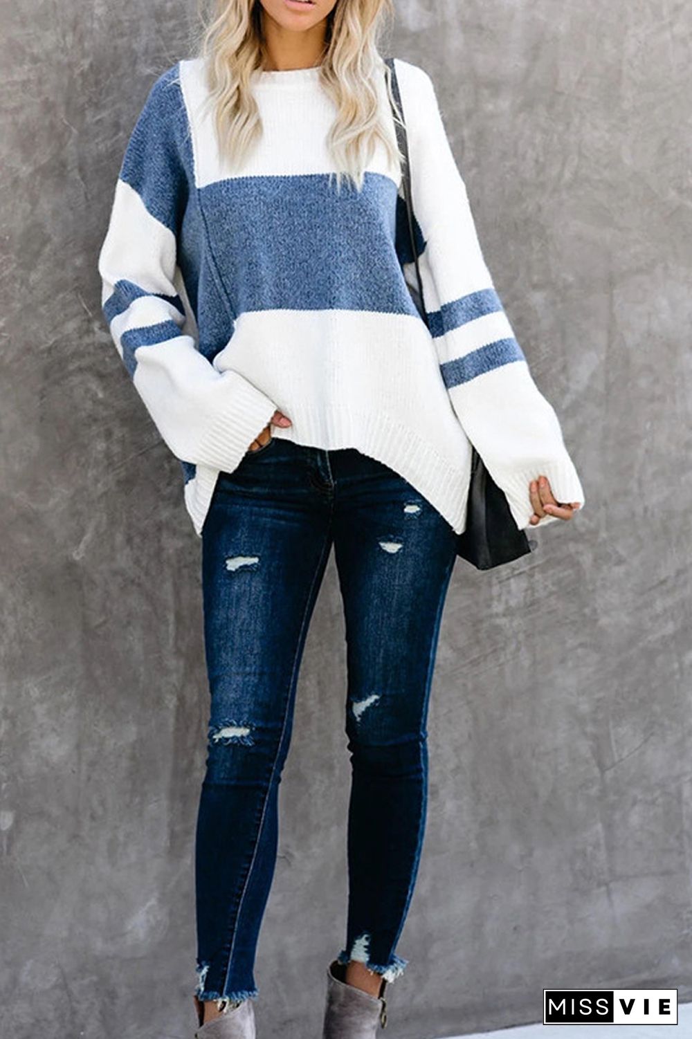 Round Neck Stitching Knit Sweater