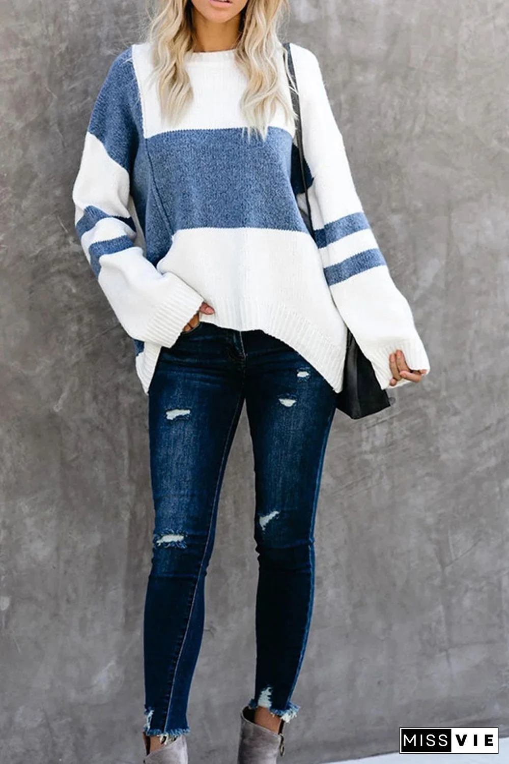 Round Neck Stitching Knit Sweater
