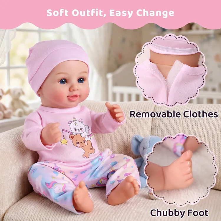Babeside Cody 12" Unisex Vinyl Reborn Baby Doll Smiling Infant with Pink Sleep and Carry Set