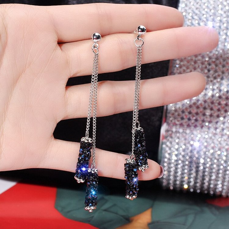 YOY-Korean fashion high-end creative blue crystal tassels earrings