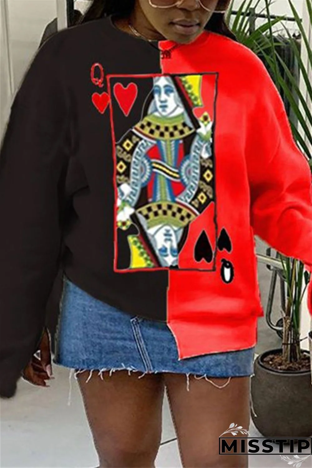 Black and red Casual Patchwork Print Poker Patchwork Slit Pullovers O Neck Tops