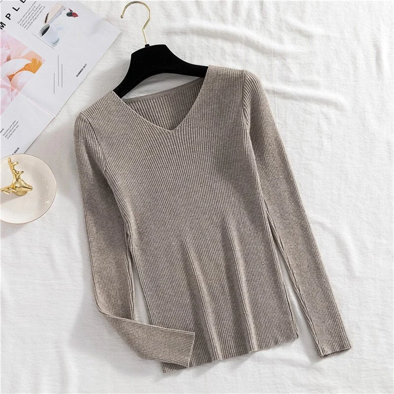 Zoki Sexy V Neck Women Pullover Sweater Fashion Autumn Winter Long Sleeve Knitted Jumper Top Casual Korean Slim Basic Blouse