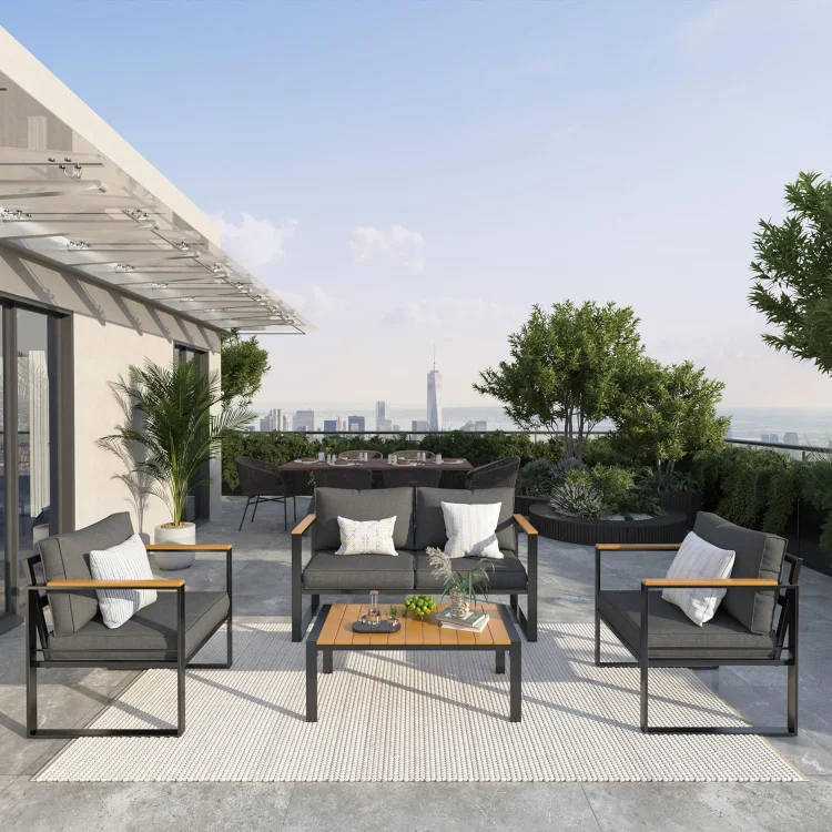 Metal Outdoor Patio Furniture Set, Modern Outdoor Conversation Furniture Sets w/Coffee Table, Sectional Furniture with Thick, Washable and High-Resiliency Sponge Cushions, Deep Grey, 4 PCS