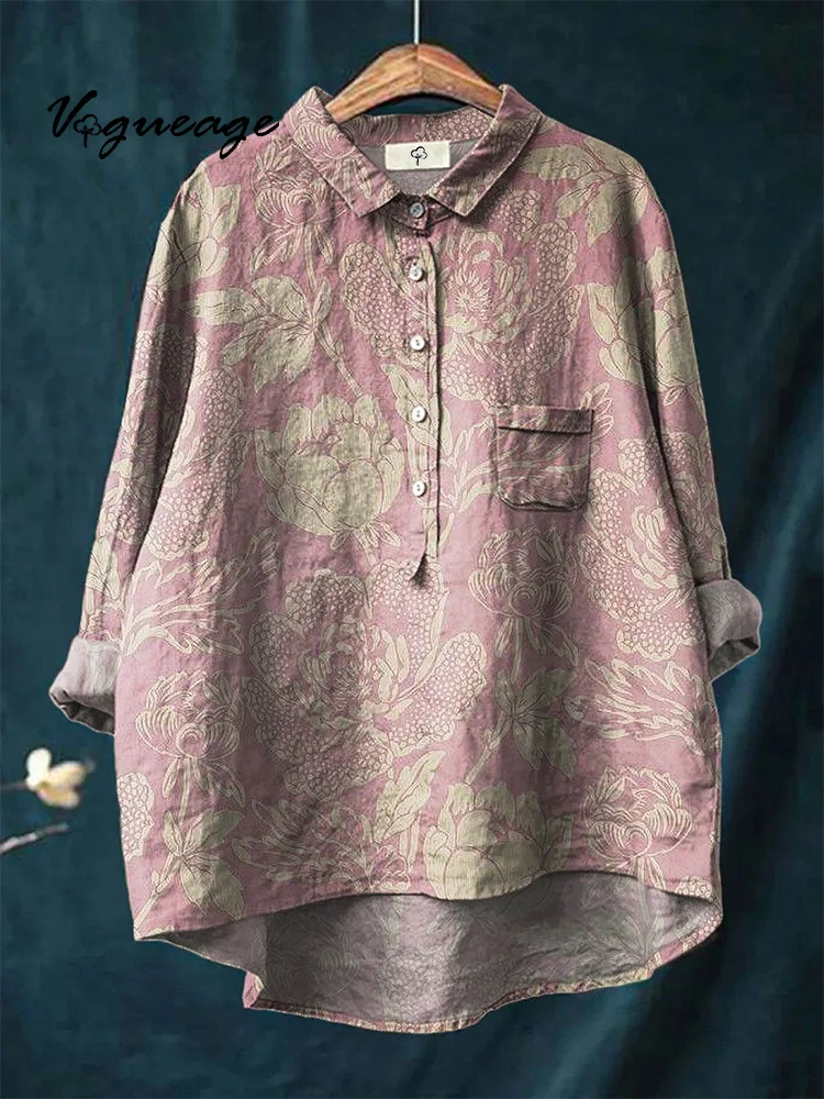 Elegant And Simple Plain Flowers Print Cotton And Linen Shirt
