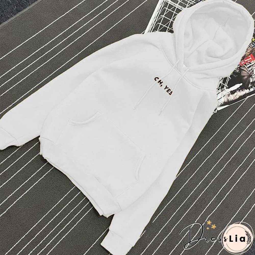 Autumn Winter Fleece Oh Yes Letter Harajuku Print Pullover Thick Loose Women Hoodies Sweatshirt Female Casual Coat